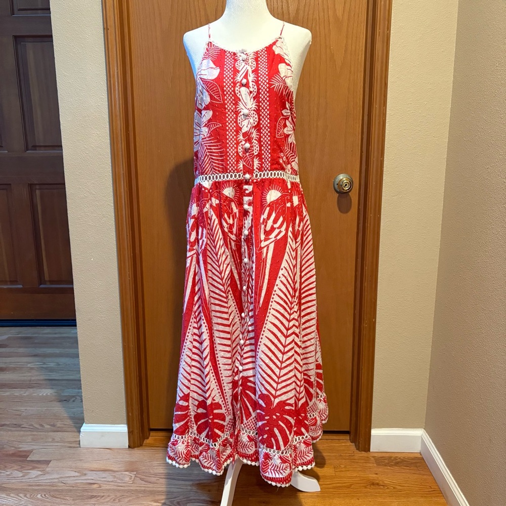 Farm Rio Cotton Red and White Tropical Midi Dress, NWT
